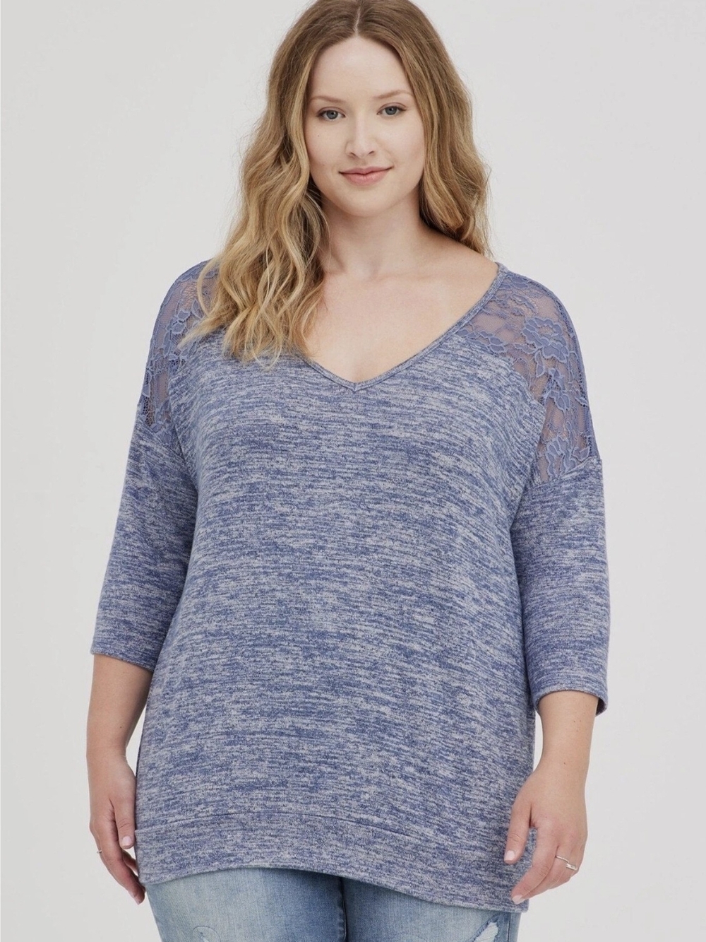 torrid Heathered Blue Lace-Shoulder V-Neck Tunic